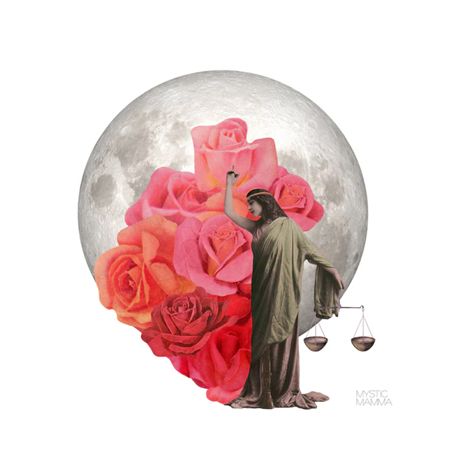 Libra collage Art an image of lady justice in front of the full moon holding scales with roses blooming behind her